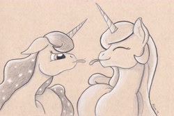 Size: 5077x3398 | Tagged: safe, artist:peruserofpieces, character:princess celestia, character:princess luna, species:alicorn, species:pony, female, floppy ears, pencil drawing, playful, raspberry, siblings, sisters, smiling, toned paper, tongue out, traditional art