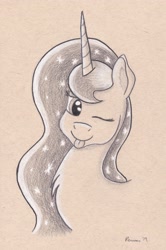 Size: 2125x3208 | Tagged: safe, artist:peruserofpieces, character:princess luna, species:alicorn, species:pony, bust, female, fluffy, horn, looking at you, one eye closed, pencil drawing, silly, smiling, solo, toned paper, tongue out, traditional art, wink