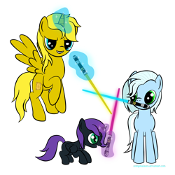 Size: 1024x1024 | Tagged: safe, artist:zomgitsalaura, oc, oc only, oc:nyx, oc:ticket, oc:tracy cage, species:alicorn, species:pony, alicorn oc, crossover, lightsaber, simple background, star wars, transparent background
