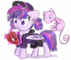 Size: 2580x2160 | Tagged: safe, artist:littleblackraencloud, character:twilight sparkle, character:twilight sparkle (alicorn), species:alicorn, species:pony, alternate hairstyle, cap, clothing, crossover, cute, female, hat, high res, hoodie, magic, mare, mew, pigtails, pokémon, pokémon trainer, simple background, solo, telekinesis, twiabetes, white background