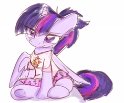 Size: 2580x2160 | Tagged: safe, artist:littleblackraencloud, character:twilight sparkle, character:twilight sparkle (alicorn), species:alicorn, species:pony, alternate hairstyle, clothing, cute, cutie mark, cutie mark on clothes, female, high res, pajamas, ponytail, shirt, shorts, simple background, sitting, solo, t-shirt, twiabetes, white background