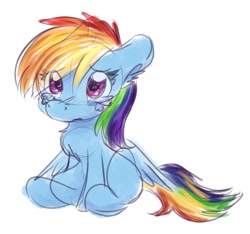 Size: 2082x1946 | Tagged: safe, artist:littleblackraencloud, character:rainbow dash, species:pegasus, species:pony, chest fluff, crying, cute, dashabetes, ear fluff, female, filly, filly rainbow dash, sad, sadorable, simple background, sitting, solo, teary eyes, white background, younger