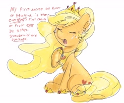 Size: 3840x3200 | Tagged: safe, artist:littleblackraencloud, character:applejack, species:earth pony, species:pony, apple, cheek fluff, crown, cute, dialogue, ear fluff, eyes closed, female, high res, hoof shoes, jackabetes, jewelry, mare, open mouth, peytral, princess applejack, regalia, silly, silly pony, sitting, solo, that pony sure does hate strawberries, that pony sure does love apples, who's a silly pony