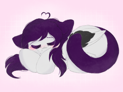 Size: 1034x773 | Tagged: safe, artist:adostume, oc, oc:cinnamon twist, behaving like a cat, blushing, cat, cat ears, cat tail, curled up, cute, eyes closed, simple background, sleeping, sleepy, solo