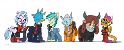 Size: 2500x1011 | Tagged: safe, artist:satv12, character:gallus, character:ocellus, character:sandbar, character:silverstream, character:smolder, character:yona, species:changeling, species:classical hippogriff, species:dragon, species:earth pony, species:griffon, species:hippogriff, species:pony, species:reformed changeling, species:yak, a.e.u.g., clothing, cloven hooves, colored pupils, cosplay, costume, cute, diaocelles, diastreamies, dragoness, eyes closed, female, gallabetes, gundam, jumpsuit, male, mobile suit zeta gundam, monkey swings, quadrupedal, sandabetes, simple background, smiling, smolderbetes, stallion, student six, sunglasses, teenager, titans, uniform, white background, yonadorable, z gundam, zeta gundam