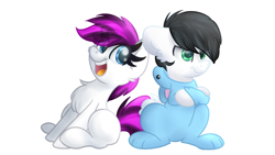 Size: 1024x576 | Tagged: safe, artist:littleblackraencloud, edit, oc, oc only, oc:blitz flame, oc:ember frost, species:pony, background added, chest fluff, cute, duo, easter, easter bunny, female, holiday, male, mare, simple background, stallion, white background