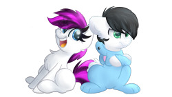 Size: 1920x1080 | Tagged: safe, artist:littleblackraencloud, edit, oc, oc only, oc:blitz flame, oc:ember frost, species:earth pony, species:pony, 2020 community collab, derpibooru community collaboration, animal costume, bunny costume, chest fluff, clothing, costume, cute, duo, easter, easter bunny, female, grumpy, holiday, male, mare, simple background, stallion, transparent background, ych result