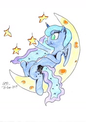 Size: 1024x1447 | Tagged: safe, artist:gafelpoez, character:princess luna, species:alicorn, species:pony, crescent moon, female, mare, moon, queen (band), solo, tangible heavenly object, traditional art, transparent moon