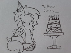 Size: 2576x1932 | Tagged: safe, artist:drheartdoodles, oc, oc only, oc:dr.heart, species:pegasus, species:pony, cake, chest fluff, clothing, clydesdale, food, hat, party hat, sitting, solo, traditional art