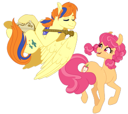 Size: 1021x915 | Tagged: safe, artist:whalepornoz, character:tex (g1), oc, oc:rosie, parent:apple bloom, parent:cherry jubilee, parent:tender taps, parents:tenderbloom, species:earth pony, species:pegasus, species:pony, g1, bandana, banjo, braid, eyes closed, flying, freckles, g1 to g4, generation leap, musical instrument, offspring, simple background, transparent background