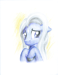 Size: 1483x1920 | Tagged: safe, artist:phat_guy, derpibooru original, oc, oc only, oc:moon flower, species:pony, 2019, bust, colored pencil drawing, coloured pencil drawing, floppy ears, gift art, looking away, portrait, raised foreleg, raised leg, shy, solo, star (coat marking), traditional art