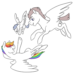 Size: 3300x3300 | Tagged: safe, artist:phobicalbino, character:rainbow dash, oc, oc:daredevil, oc:thunder tantrum, parent:rainbow dash, parents:canon x oc, species:pegasus, species:pony, canon x oc, colt, eye clipping through hair, family, female, flying, foal, male, mare, offspring, parent:oc:daredevil, partial color, shipping, simple background, stallion, straight, trio, white background
