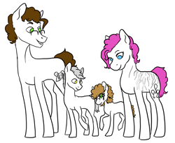 Size: 3300x2707 | Tagged: safe, artist:phobicalbino, character:cheese sandwich, character:pinkie pie, oc, oc:granite harrison rock, oc:panini patricia pie, parent:cheese sandwich, parent:pinkie pie, parent:pokey pierce, parents:cheesepie, parents:pokeypie, species:earth pony, species:pony, ship:cheesepie, colt, family, female, filly, foal, glasses, half-siblings, male, mare, offspring, partial color, quartet, scar, shipping, simple background, stallion, straight, white background