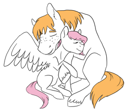 Size: 3233x2842 | Tagged: safe, artist:phobicalbino, character:big mcintosh, character:fluttershy, species:earth pony, species:pegasus, species:pony, ship:fluttermac, cuddling, eyes closed, female, male, mare, missing cutie mark, neck nuzzle, nuzzling, partial color, shipping, simple background, size difference, spread wings, stallion, straight, white background, wings