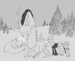 Size: 3300x2715 | Tagged: safe, artist:phobicalbino, character:discord, oc, oc:far foot, oc:toboggan, species:deer, clothing, deer oc, fishing rod, gray background, grayscale, hat, male, monochrome, pine tree, simple background, snow, tree
