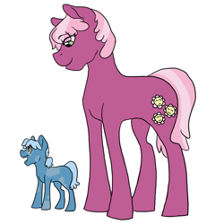 Size: 2200x2200 | Tagged: safe, artist:phobicalbino, character:cheerilee, oc, oc:april, parent:cheerilee, species:earth pony, species:pony, duo, female, filly, foal, mare, mother and daughter, offspring, short hair, simple background, white background