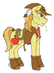 Size: 1590x2154 | Tagged: safe, artist:phobicalbino, character:braeburn, species:earth pony, species:pony, boots, clothing, cowboy hat, feather in hair, hat, male, rope, scar, shoes, simple background, solo, stallion, straw in mouth, tail wrap, white background