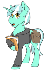 Size: 1439x2200 | Tagged: safe, artist:phobicalbino, character:lyra heartstrings, species:pony, species:unicorn, book, clothing, female, hoodie, hoof hold, mare, saddle bag, simple background, solo, white background