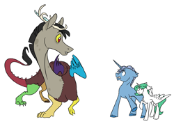 Size: 4977x3552 | Tagged: safe, artist:phobicalbino, character:discord, character:princess celestia, character:star swirl the bearded, species:alicorn, species:draconequus, species:pony, species:unicorn, cewestia, colt, colt starswirl, curious, defensive, female, filly, filly celestia, foal, green-mane celestia, male, raised hoof, simple background, trio, white background, young discord, younger
