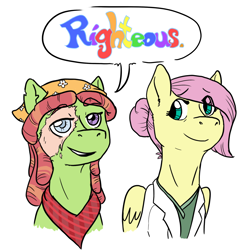 Size: 1800x1800 | Tagged: safe, artist:phobicalbino, character:fluttershy, character:tree hugger, species:earth pony, species:pegasus, species:pony, bandana, blind eye, clothing, dialogue, doctor fluttershy, duo, facial scar, female, hair bun, mare, medic, scar, simple background, speech bubble, white background