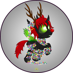 Size: 5000x5000 | Tagged: safe, artist:lakword, oc, oc:crypto, species:changeling, christmas, christmas changeling, christmas lights, green changeling, holiday, red nose, rudolph the red nosed reindeer, silly, solo, surprised, tangled up