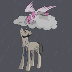 Size: 2000x2000 | Tagged: safe, artist:phobicalbino, oc, oc only, oc:laurel, oc:winter carol, species:earth pony, species:pegasus, species:pony, bald, beard, cloud, facial hair, female, gray background, looking down, lying on a cloud, male, mare, necktie, oc x oc, shipping, simple background, stallion