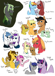 Size: 2750x3750 | Tagged: safe, artist:phobicalbino, character:applejack, character:big mcintosh, character:cheese sandwich, character:fancypants, character:fluttershy, character:pinkie pie, character:rainbow dash, character:rarity, character:twilight sparkle, character:twilight sparkle (alicorn), oc, oc:daredevil, oc:dust storm, oc:granite harrison rock, oc:hay bale, oc:hazelnut, oc:jonagold, oc:night glimmer, oc:orchard blossom, oc:panini patricia pie, oc:princess cicada, oc:rain buck, oc:recherché, oc:thunder tantrum, parent:big macintosh, parent:cheese sandwich, parent:fancypants, parent:fluttershy, parent:pinkie pie, parent:rarity, parent:twilight sparkle, parents:canon x oc, parents:cheesepie, parents:fluttermac, parents:raripants, species:alicorn, species:changeling, species:earth pony, species:pegasus, species:pony, species:unicorn, ship:cheesepie, ship:fluttermac, ship:raripants, adopted offspring, canon x oc, changeling queen, clothing, colt, cowboy hat, dawn pony, doctor fluttershy, female, filly, foal, green changeling, hat, male, mane six, mare, moose, next generation, offspring, parent:oc:daredevil, parent:oc:rain buck, scar, shipping, simple background, stallion, straight, white background