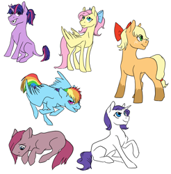 Size: 4070x4142 | Tagged: safe, artist:phobicalbino, character:applejack, character:fluttershy, character:pinkie pie, character:rainbow dash, character:rarity, character:twilight sparkle, character:twilight sparkle (unicorn), species:earth pony, species:pegasus, species:pony, species:unicorn, bow, female, filly, filly applejack, filly fluttershy, filly pinkie pie, filly rainbow dash, filly rarity, filly twilight sparkle, foal, gap teeth, hair bow, leonine tail, mane six, running, simple background, tooth gap, white background, younger
