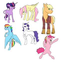 Size: 2200x2200 | Tagged: safe, artist:phobicalbino, character:applejack, character:fluttershy, character:pinkie pie, character:rainbow dash, character:rarity, character:twilight sparkle, character:twilight sparkle (unicorn), species:earth pony, species:pegasus, species:pony, species:unicorn, bandaid, braces, clothing, female, foal, mane six, raised hoof, shirt, simple background, teenager, white background
