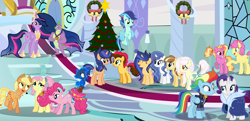 Size: 8192x3952 | Tagged: safe, artist:galaxyswirlsyt, base used, character:applejack, character:fluttershy, character:li'l cheese, character:luster dawn, character:pinkie pie, character:rainbow dash, character:rarity, character:spike, character:twilight sparkle, character:twilight sparkle (alicorn), oc, oc:apple pie, oc:destiny, oc:galaxy swirls, oc:party pie, oc:rainbow blitzes, oc:sky city, oc:velvet sentry, parent:applejack, parent:caramel, parent:cheese sandwich, parent:discord, parent:fancypants, parent:flash sentry, parent:fluttershy, parent:pinkie pie, parent:rainbow dash, parent:rarity, parent:soarin', parent:twilight sparkle, parents:carajack, parents:cheesepie, parents:discoshy, parents:flashlight, parents:raripants, parents:soarindash, species:alicorn, species:earth pony, species:pegasus, species:pony, species:unicorn, episode:the last problem, g4, my little pony: friendship is magic, absurd resolution, christmas, christmas tree, holiday, hybrid, interspecies offspring, mane seven, mane six, offspring, older, older applejack, older fluttershy, older li'l cheese, older mane seven, older mane six, older pinkie pie, older rainbow dash, older rarity, older spike, older twilight, princess twilight 2.0, throne room, tree