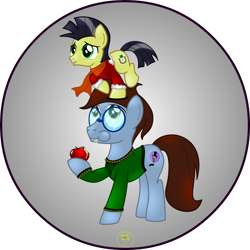 Size: 1280x1280 | Tagged: safe, artist:lakword, oc, oc:ink bluehooves, oc:lucky joe, species:earth pony, species:pony, apple, cheek bulge, colt, duo, eating, food, holiday, kid, male, relaxing, stallion, standing, standing on head, teamwork