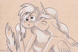 Size: 5054x3415 | Tagged: safe, artist:peruserofpieces, character:derpy hooves, oc, oc:star scribe, species:alicorn, species:pegasus, species:pony, blushing, female, floppy ears, kissing, lesbian, pencil drawing, secret santa, surprise kiss, surprised, toned paper, traditional art