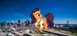 Size: 1984x926 | Tagged: safe, artist:reginault, character:saffron masala, species:pony, species:unicorn, building, city, dallas, female, giant pony, giantess, highrise ponies, irl, macro, photo, ponies in real life, texas