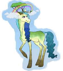Size: 1873x2105 | Tagged: safe, artist:phobicalbino, oc, oc only, oc:fabula, branches for antlers, cloud, gaia, goddess, mother nature, rainbow, rainbow eyes, raised hoof, solo, tree