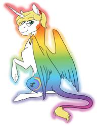 Size: 1652x2148 | Tagged: safe, artist:phobicalbino, oc, oc only, oc:bonniecorn, species:alicorn, species:pony, alicorn oc, colored wings, female, glasses, goddess, leonine tail, looking over shoulder, mare, multicolored wings, rainbow wings, raised hoof, simple background, sitting, solo, white background, wing claws, wings