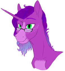 Size: 632x687 | Tagged: safe, artist:phobicalbino, oc, oc only, oc:aurora, species:pony, species:unicorn, bald face, bust, female, glasses, mare, simple background, solo, white background