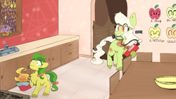 Size: 1280x720 | Tagged: safe, artist:laps-sp, character:apple fritter, character:granny smith, species:earth pony, species:pony, apple family member, chest fluff, female, filly, fire, fire extinguisher, mouth hold, young granny smith, younger