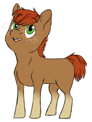 Size: 1409x1867 | Tagged: safe, artist:phobicalbino, oc, oc only, oc:jonagold jam, parent:applejack, parents:canon x oc, species:earth pony, species:pony, blank flank, colt, foal, looking up, male, next generation, offspring, parent:oc:rain buck, simple background, socks (coat marking), solo, white background