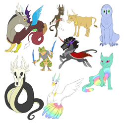 Size: 3300x3300 | Tagged: safe, artist:phobicalbino, character:discord, character:king sombra, oc, oc:ceres, oc:disciphilo, oc:ganymede, oc:krono, oc:pura, oc:stultus, species:anthro, species:bird, species:cow, species:draconequus, armor, cat, frog, glasses, god, non-pony oc, playing card, purple eyes, rainbow feathers, serpent, simple background, skull head, sword, three eyes, weapon, white background