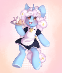 Size: 2173x2535 | Tagged: safe, artist:adostume, oc, oc only, oc:sleepyhead, species:alicorn, species:pony, alicorn oc, blushing, cake, clothing, cookie, cup, eyes open, fangs, female, food, horn, maid, mare, mare only, open mouth, semi-anthro, serving tray, simple background, solo, teacup, teapot, wings