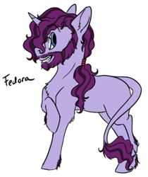 Size: 403x480 | Tagged: safe, artist:phobicalbino, oc, oc only, oc:fedora, parent:pinkie pie, parent:rarity, parents:raripie, species:pony, species:unicorn, beard, facial hair, glasses, grin, leonine tail, long mane, magical lesbian spawn, male, next generation, offspring, raised hoof, sideburns, simple background, smiling, solo, stallion, unshorn fetlocks, white background