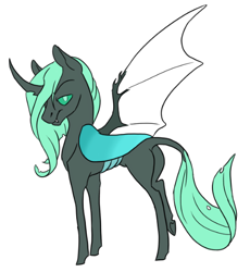 Size: 472x512 | Tagged: safe, artist:phobicalbino, oc, oc only, oc:aphid, parent:spike, parent:thorax, parents:thoraxspike, colored sclera, dragonling, green eyes, green sclera, hybrid, interspecies offspring, magical gay spawn, male, next generation, offspring, simple background, solo, white background