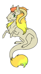Size: 373x667 | Tagged: safe, artist:phobicalbino, oc, oc only, oc:buck wild, parent:applejack, parent:discord, parents:applecord, species:draconequus, draconequus oc, floating, horns, hybrid, interspecies offspring, male, offspring, simple background, solo, white background