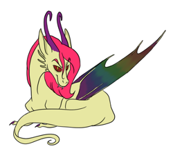 Size: 618x541 | Tagged: safe, artist:phobicalbino, oc, oc only, oc:benevolence, parent:discord, parent:fluttershy, parents:discoshy, species:draconequus, colored sclera, colored wings, draconequus oc, hybrid, interspecies offspring, multicolored wings, offspring, prone, red sclera, simple background, solo, white background, wings
