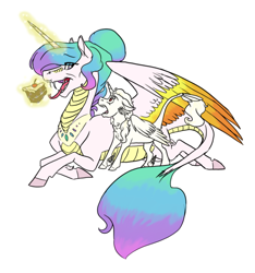 Size: 722x771 | Tagged: safe, artist:phobicalbino, character:princess celestia, oc, oc:tempest, parent:princess celestia, species:dragon, species:pony, cake, cakelestia, colt, dragonified, dragonlestia, duo, fangs, female, foal, food, forked tongue, hair bun, leonine tail, magic, magic aura, male, mare, momlestia, mother and son, open mouth, prone, race swap, simple background, species swap, telekinesis, white background