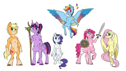 Size: 1462x832 | Tagged: safe, artist:phobicalbino, character:applejack, character:fluttershy, character:pinkie pie, character:rainbow dash, character:rarity, character:twilight sparkle, species:anthro, species:centaur, alternate universe, braid, colored wings, ear piercing, earring, female, hands behind back, jewelry, mane six, multicolored wings, piercing, ponytaur, rainbow wings, shield, simple background, socks (coat marking), spread wings, staff, sword, viking au, weapon, white background, wings