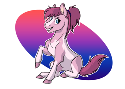 Size: 1048x748 | Tagged: safe, artist:phobicalbino, oc, oc only, oc:cloudy patches, species:earth pony, species:pony, blaze (coat marking), female, mare, piebald colouring, ponysone, ponytail, simple background, sitting, socks (coat marking), solo, white background