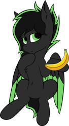 Size: 800x1469 | Tagged: safe, artist:bitrate16, oc, oc only, oc:eytlin, species:pegasus, species:pony, 2020 community collab, derpibooru community collaboration, banana, female, food, holding, looking at you, simple background, sitting, smiling, solo, transparent background, vector