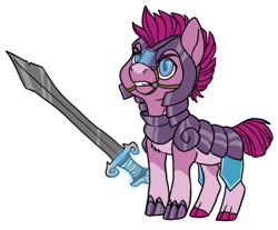 Size: 749x621 | Tagged: safe, artist:phobicalbino, oc, oc only, oc:cloudy patches, species:earth pony, species:pony, armor, female, magic, magic aura, mare, rune magic, simple background, socks (coat marking), solo, sword, telekinesis, weapon, white background