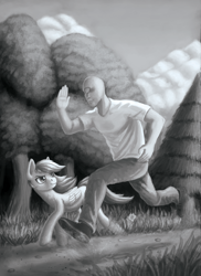 Size: 1200x1650 | Tagged: safe, artist:sa1ntmax, character:rainbow dash, oc, oc:anon, species:human, species:pony, fanfic:dash tries to win your heart, anonymous, commission, fanfic art, grayscale, illustration, monochrome, running, tree